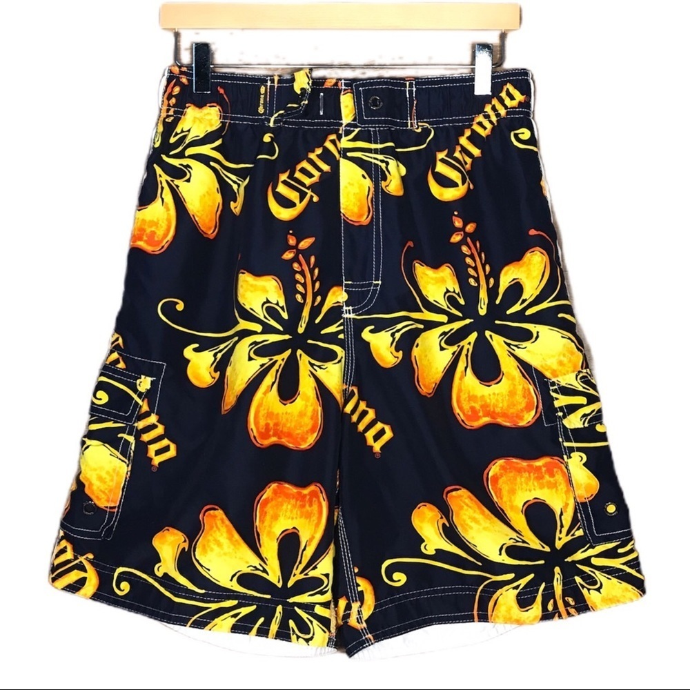 Corona Extra Mens Hawaiian Swim Board Shorts Unlined Size Medium Blue Yellow‎